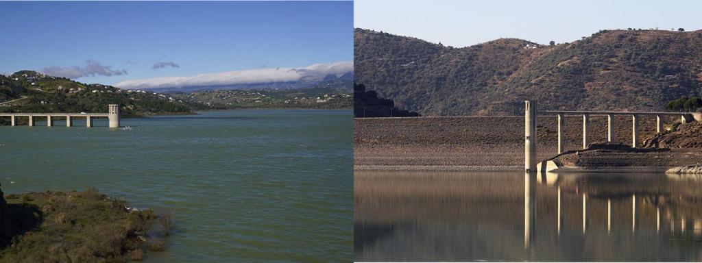 Imagen comparativa de las reservas de agua del embalse La Viñuela en la actualidad con respecto a su situación en 2024.