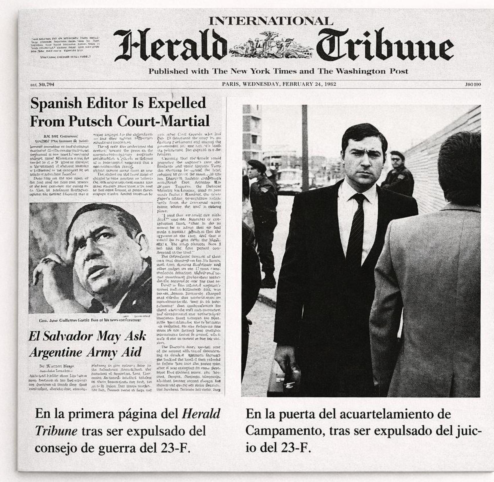 Portada del 'Herald Tribune', con la imagen de Pedro J. Ramírez tras ser expulsado del juicio del 23-F.