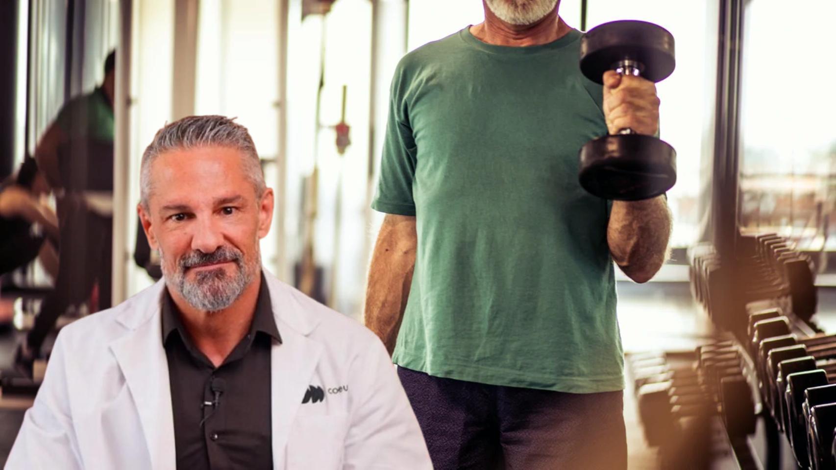 Montaje del médico David Céspedes junto con una persona haciendo pesas.