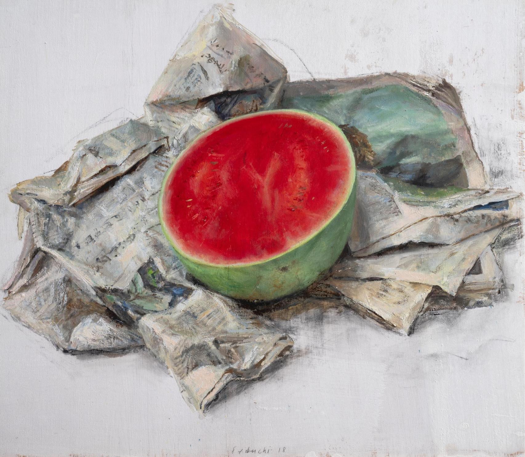 Leticia Feduchi: 'Sandia y periódicos II', 2018 (Galería Sigüenza. Art Madrid)