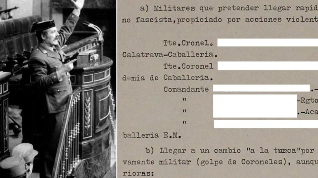 El teniente coronel de la Guardia Civil Antonio Tejero durante su irrupción en el Congreso de los Diputados durante el intento de golpe del 23-F y un fragmento del documento desclasificado que lleva por título Nota Involucionismo político provocado por posible golpe militar (sin firma), en un montaje de EL ESPAÑOL