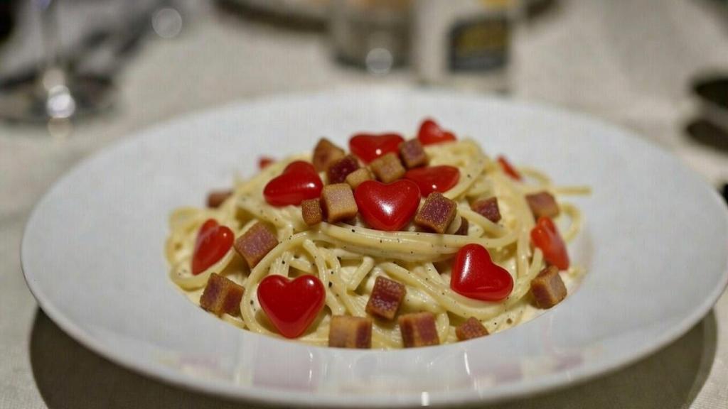 Un plato de pasta carbonara con corazoncitos.