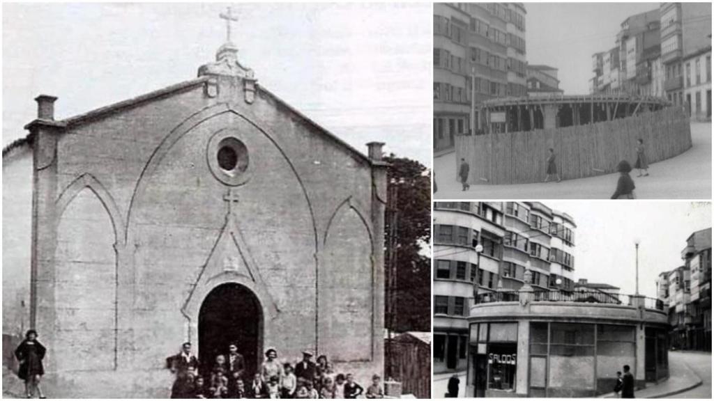 Antigua capilla de San Roque e imágenes de la construcción de la lágrima en su lugar entre 1945 y 1960.
