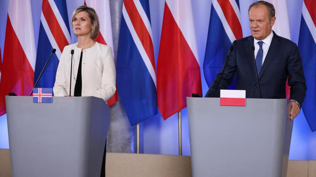 Icelandic Prime Minister Kristrun Frostadottir appears alongside her Polish counterpart Donald Tusk.
