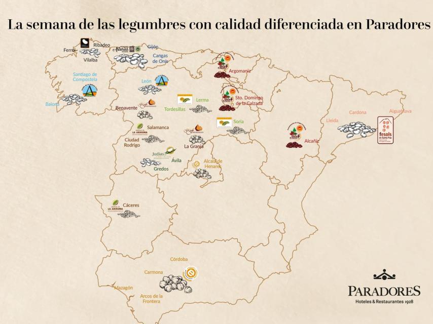 El mapa de las rutas de legumbres que ha preparado Paradores.