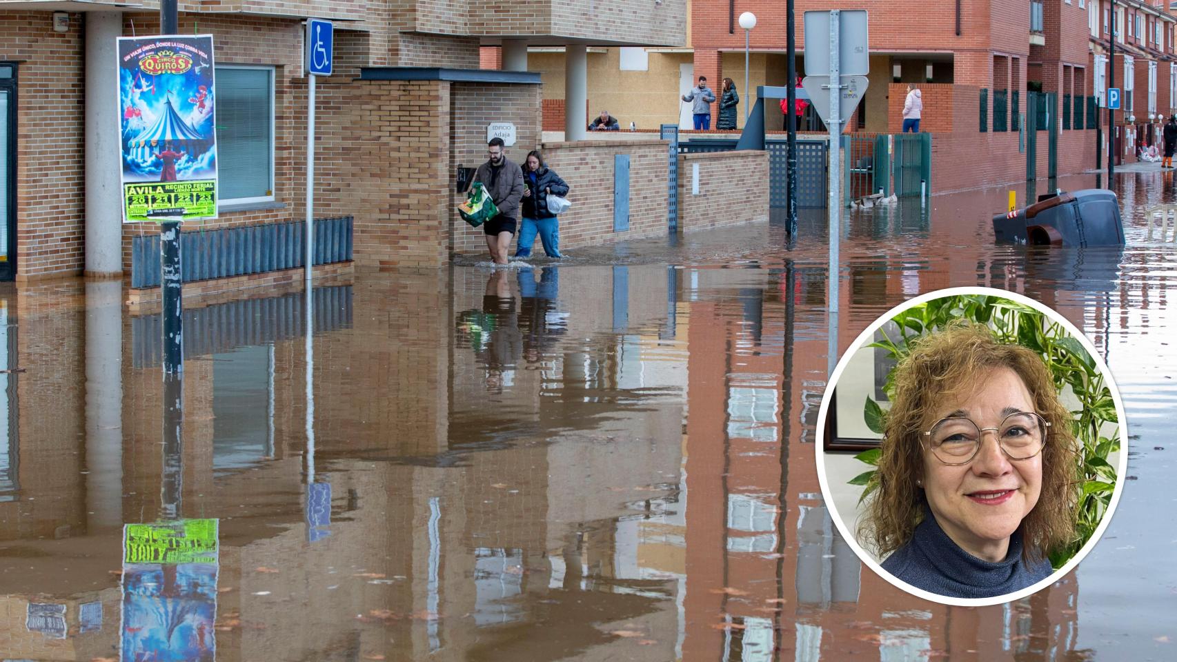 Imagen de las inundaciones en marzo de 2025 en la zona sur de la ciudad de Ávila (foto: Rmestudios - Ical) y, en el círculo, Marisa Gutiérrez, portavoz de la Plataforma En Defensa de los Ríos Adaja y Chico