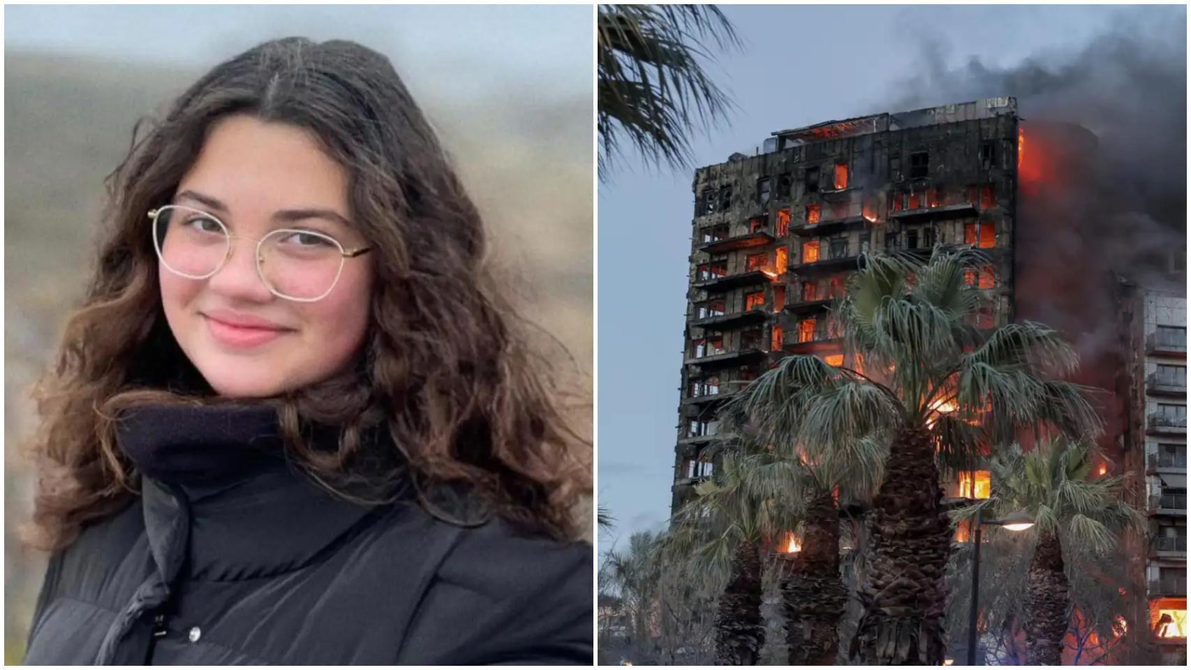 De izquierda a derecha: Alina en el cartel de la carrera solidaria en su memoria y el edificio incendiado en el Campanar (Valencia)