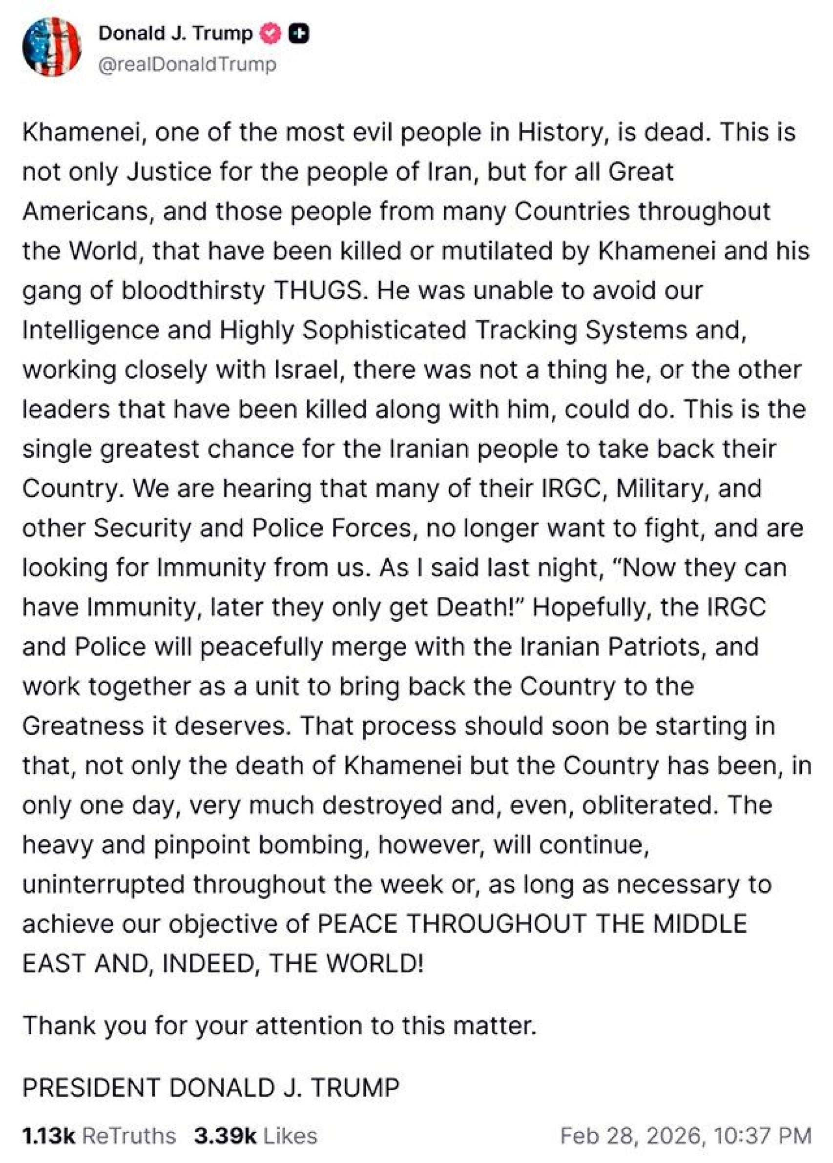 Publicación de Truth Social de Trump.
