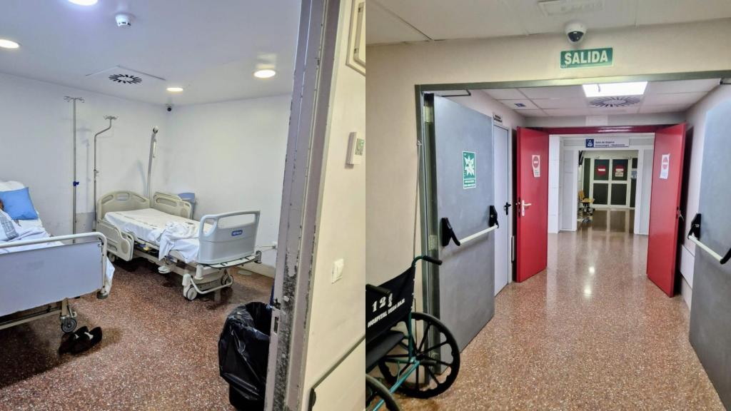 Los hijos de Antonio hicieron fotos de las cámaras de seguridad del Hospital Vega Baja. A la derecha, en un box, una cámara situada en una esquina. En la izquierda, una cámara graba un pasillo.