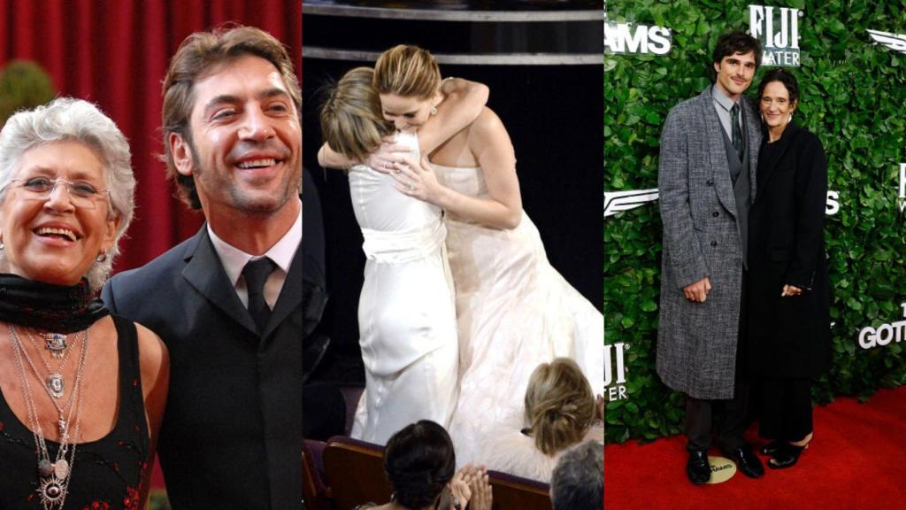 De izquierda a derecha, Javier Bardem y su madre María del Pilar Bardem Muñoz; Jennifer Lawrence y Karen Lawrence; y Jacob Elordi junto a Melissa Elordi.