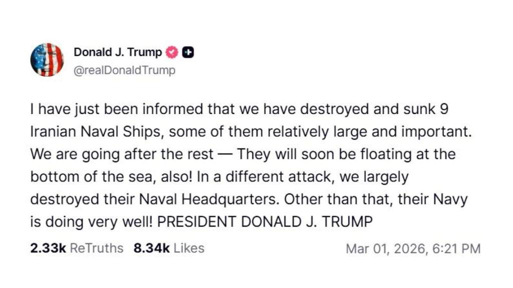 Publicación de Donald Trump este domingo en su cuenta de Truth Social.