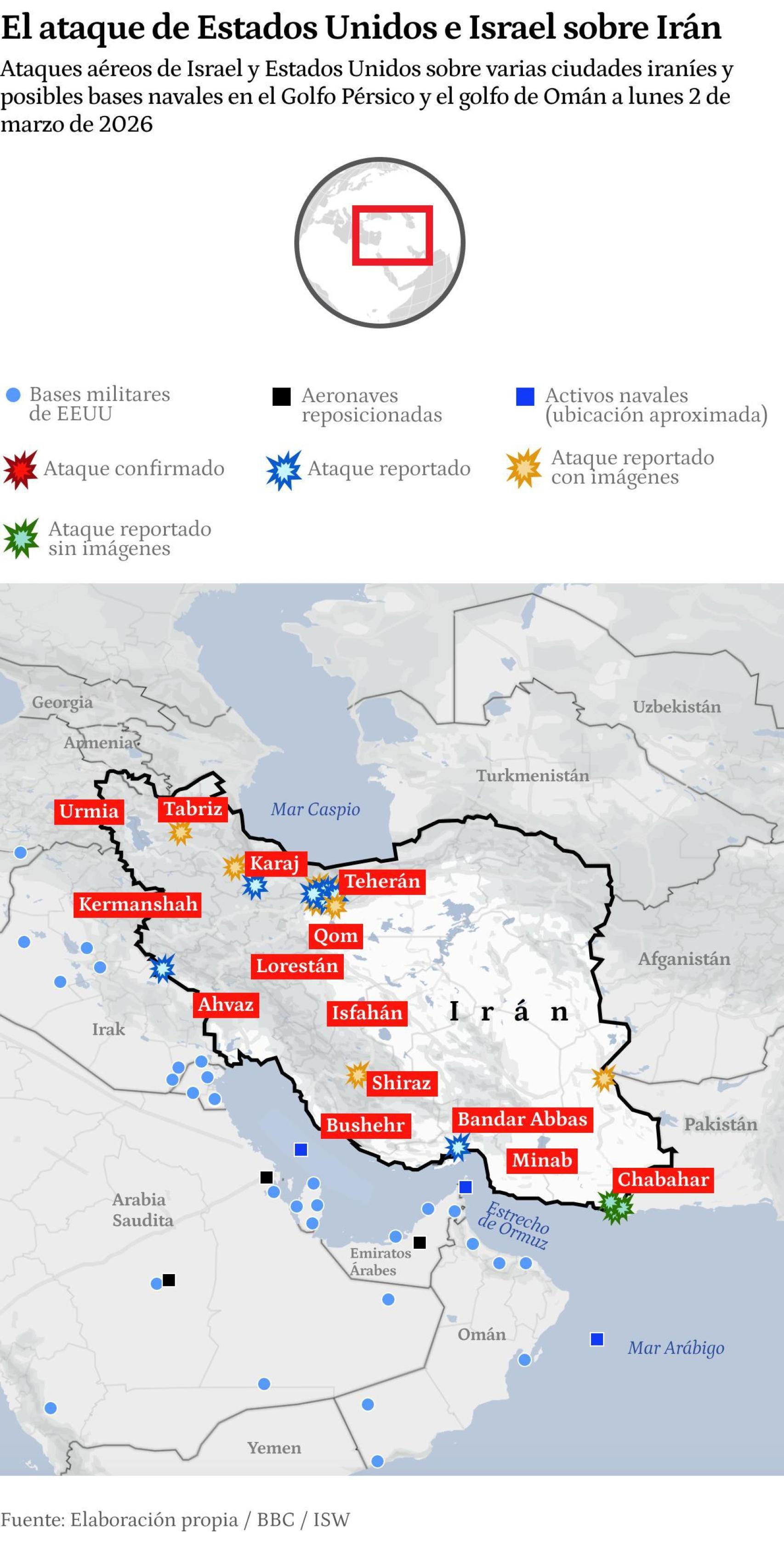 Mapa sobre los ataques de EEUU e Israel a Irán.