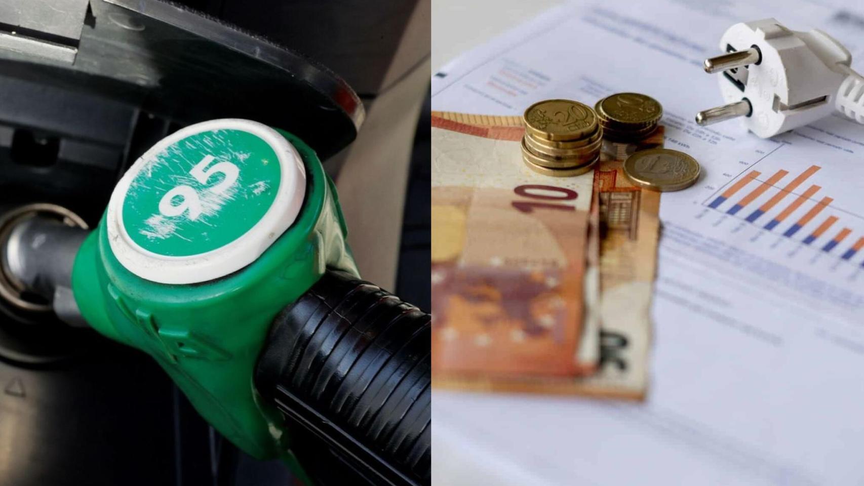 Fotomontaje de un surtidor de gasolina 95 y un enchufe de la luz con dinero.