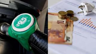 Fotomontaje de un surtidor de gasolina 95 y un enchufe de la luz con dinero