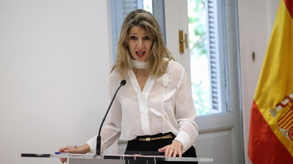 Yolanda Díaz, este lunes, durante la presentación del 'Buzón de las personas becarias'.