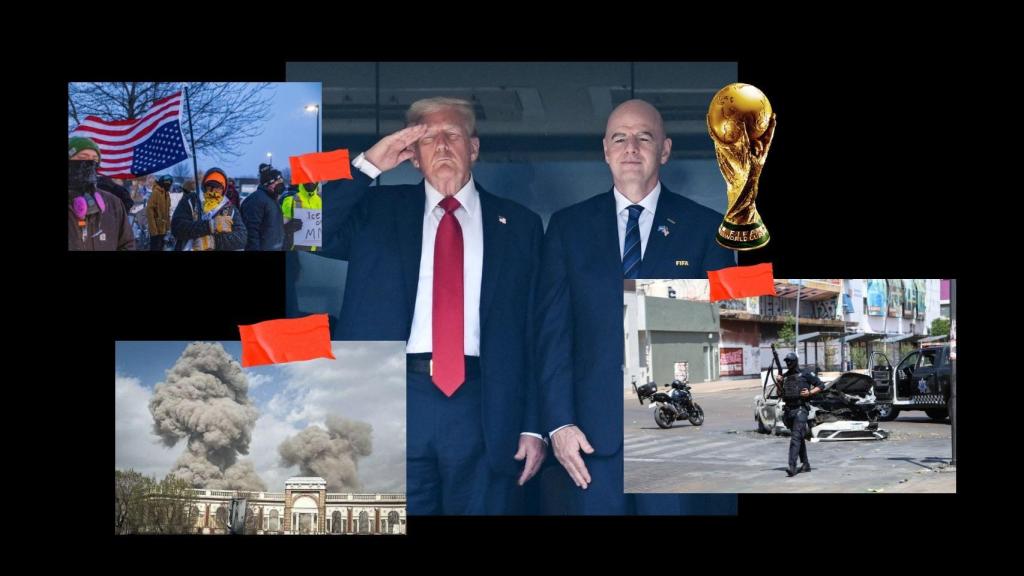 Montaje con los bombardeos en Irán, las protestas en Estados Unidos, las figuras de Infantino y Trump y las revueltas en México.