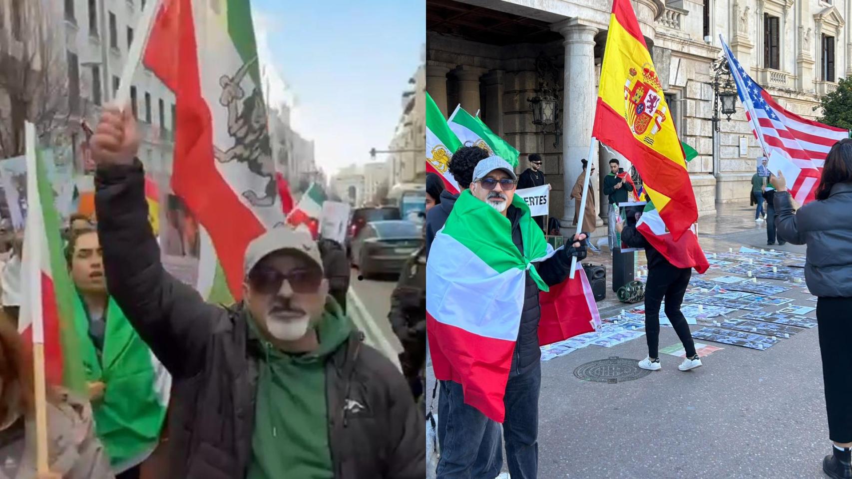 Alí Norouzpour en dos de las concentraciones de iraníes en España contra el régimen ayatolá,