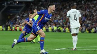 Satriano celebra su gol con el Getafe en el Santiago Bernabéu