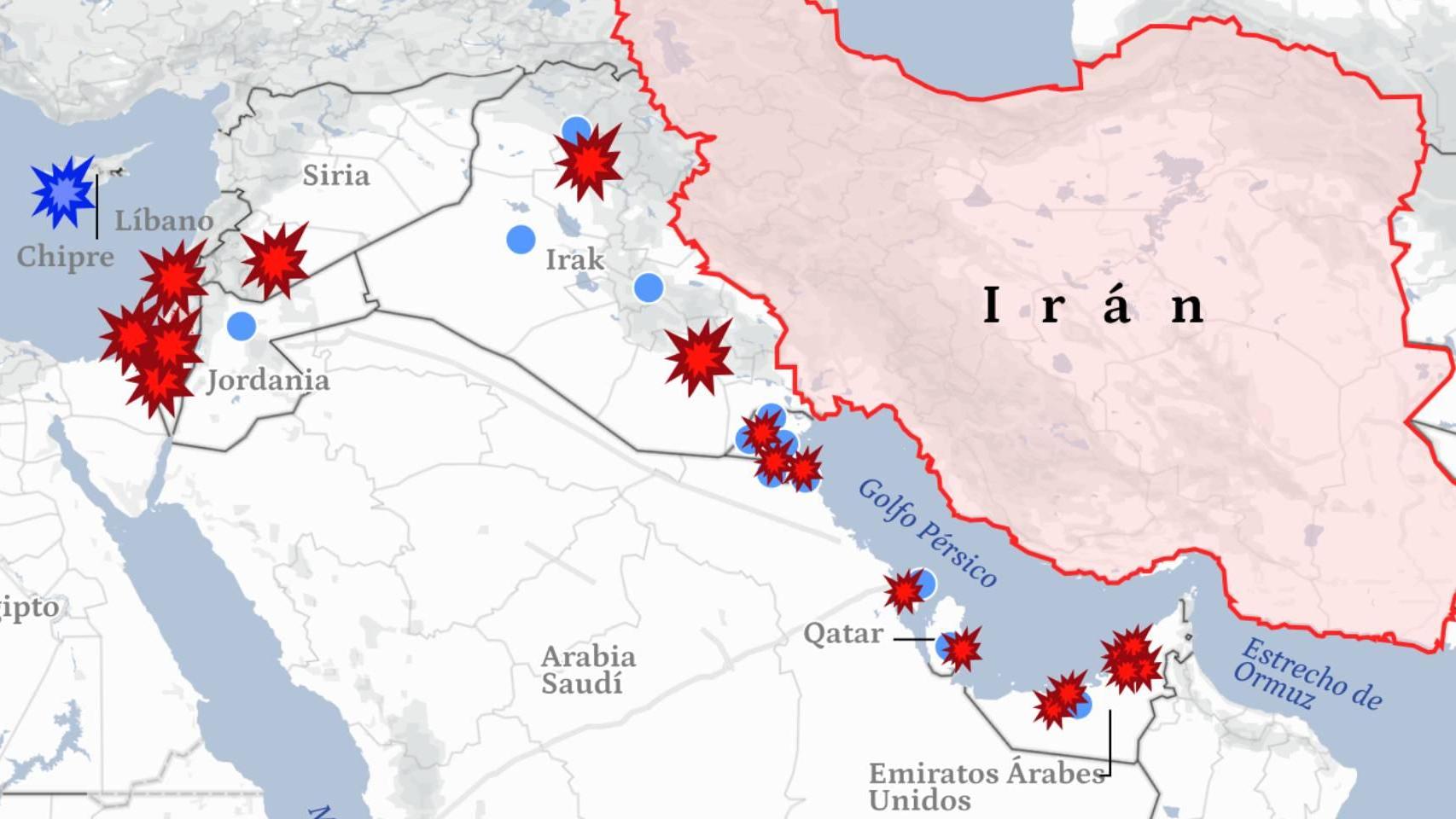 Ataques lanzados contra Irán contra los países aliados de EEUU en Oriente Próximo.