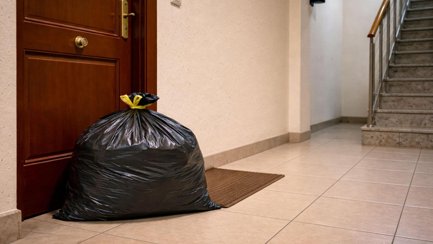 Bolsa de basura en un rellano comunitario.