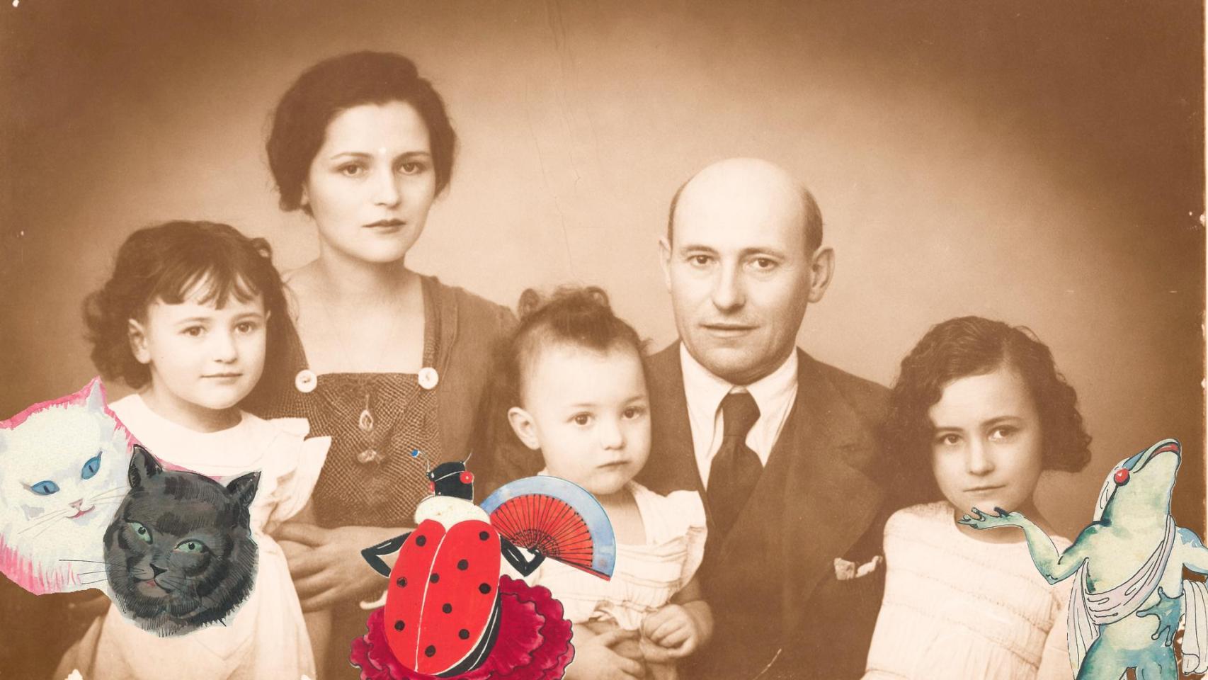 Lorenzo Aguirre con su esposa y tres hijas más los personajes de los cuentos que les dibujó.