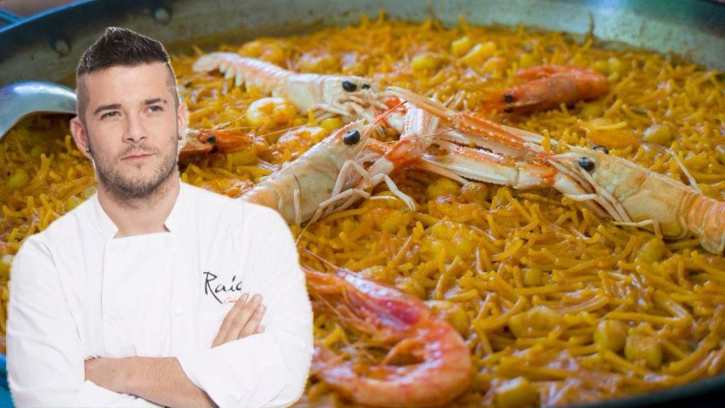 Carlos Maldonado junto a una fideuá.