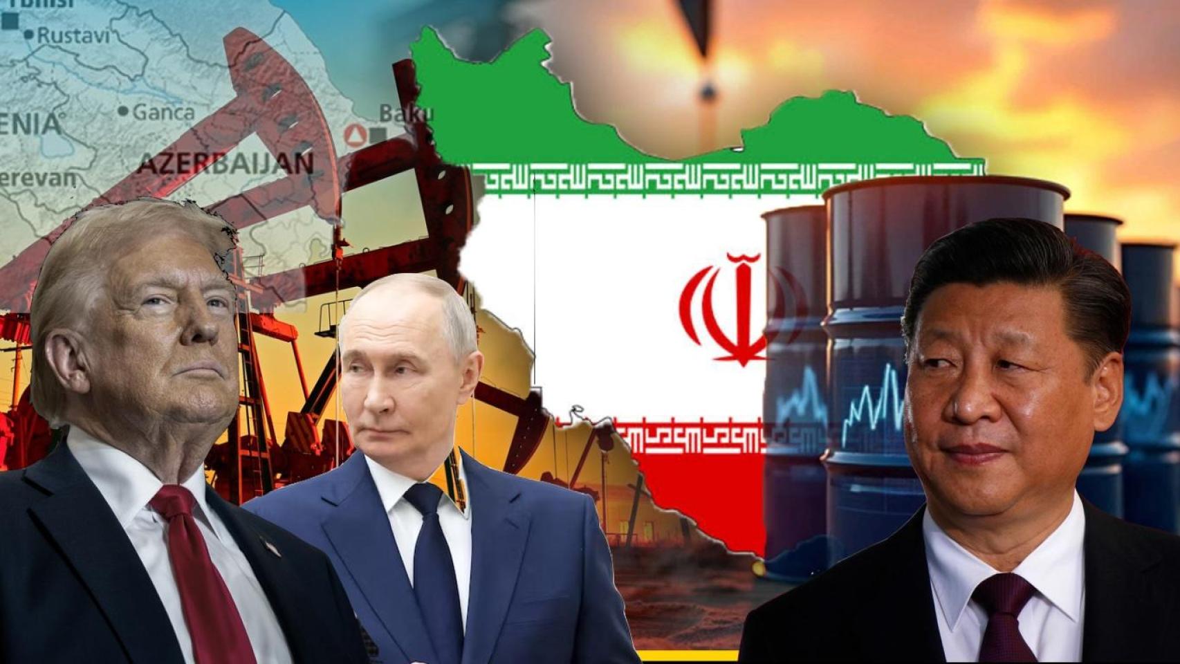 Fotomontaje del presidente de EEUU, Donald Trupm, presidente de Rusia, Vladimir Putin, y el presidente de China, Xi Jinping, con el fondo de la crisis petrolera en Irán.