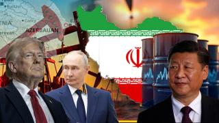 Fotomontaje del presidente de EEUU, Donald Trupm, presidente de Rusia, Vladimir Putin, y el presidente de China, Xi Jinping, con el fondo de la crisis petrolera en Irán.