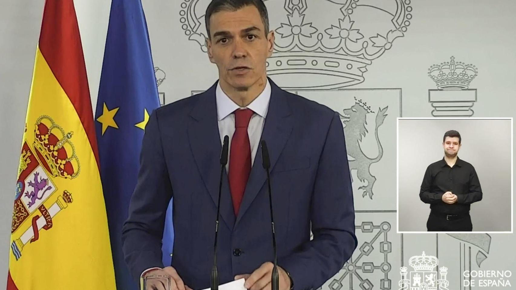 El presidente del Gobierno, Pedro Sánchez, durante su comparecencia en la Moncloa.