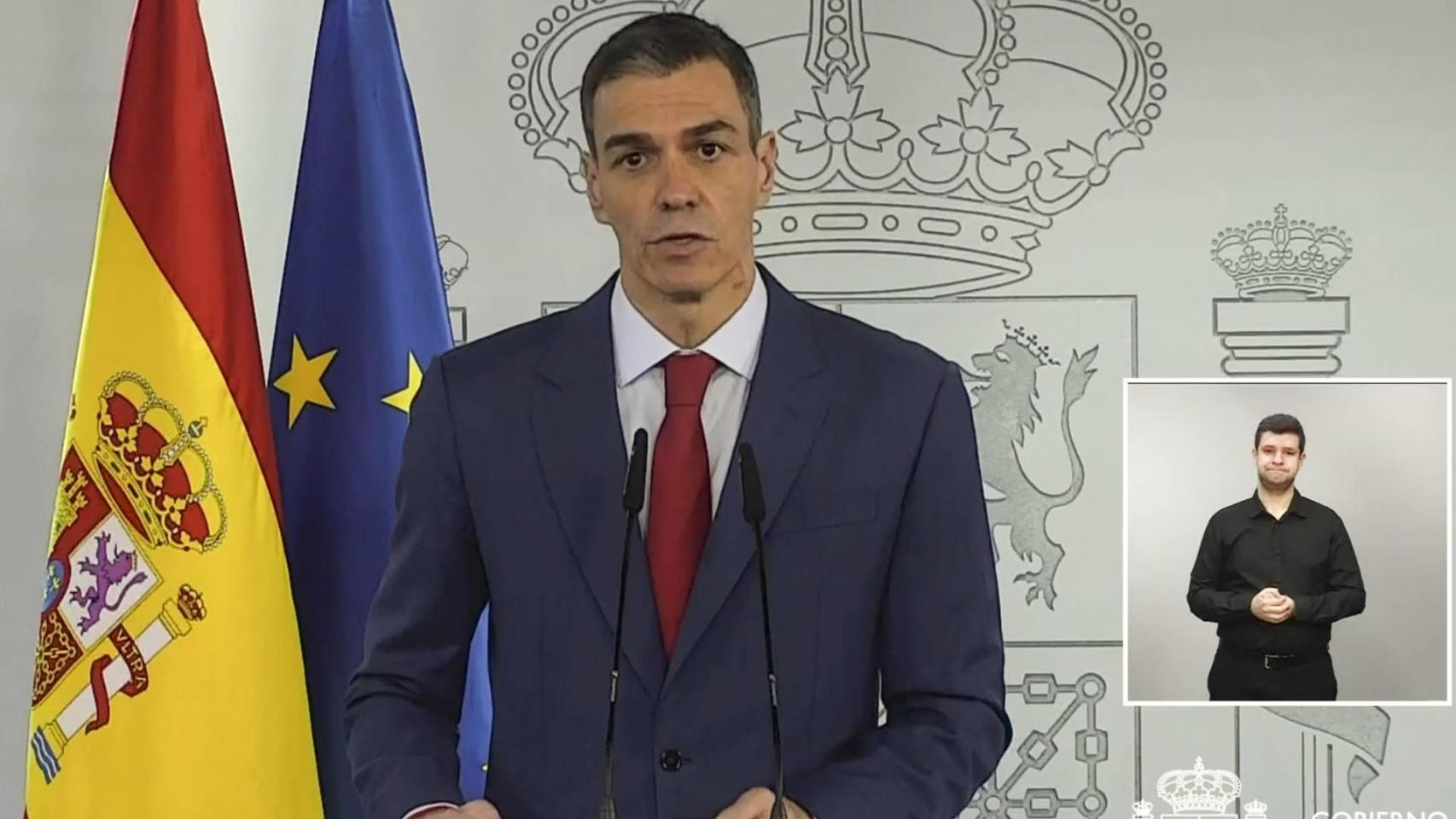 El presidente del Gobierno, Pedro Sánchez, durante su comparecencia en la Moncloa.