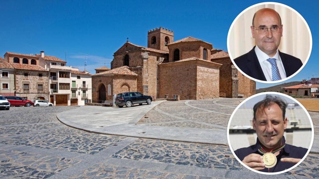 Imagen de la Iglesia de San Miguel de Ágreda (Soria) y, en los círculos, el alcalde, Jesús Manuel Alonso (arriba), y el atleta Fermín Cacho con su medalla (abajo), en una imagen de archivo.
