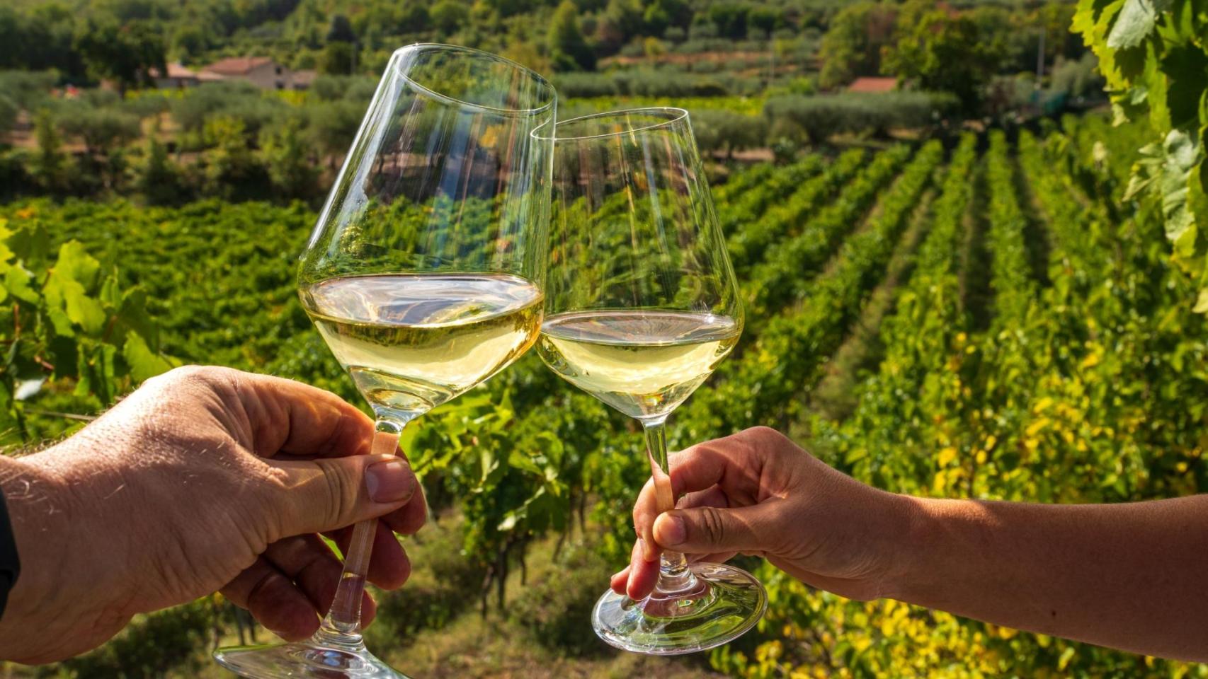 Una pareja disfruta de una copa de vino blanco