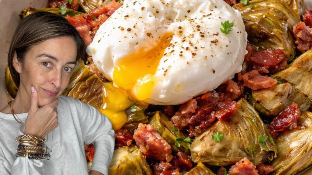 María Amores, mujer de Ion Aramendi y su receta de alcachofas, jamón y huevo poché.