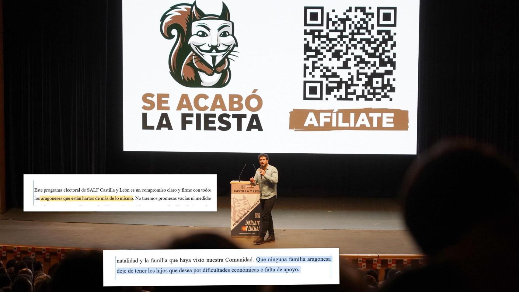 Montaje con una foto de Alvise Pérez en un acto electoral en Castilla y León.