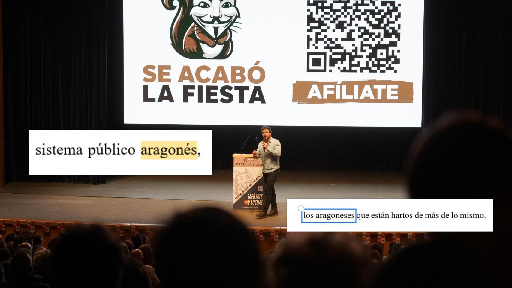 Montaje con una foto de Alvise Pérez en un acto electoral en Castilla y León.