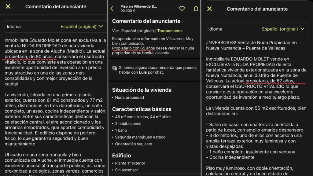 Capturas de pantalla de anuncios en portal inmobiliario en el que se puede ver la edad de los propietarios.