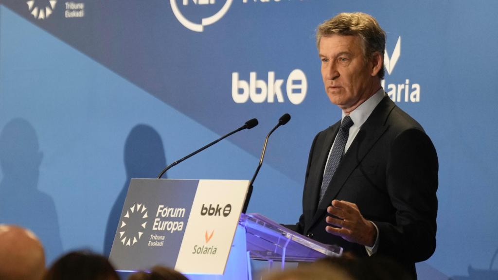 Alberto Núñez Feijóo, presidente del PP, este miercoles en un desayuno informativo en Bilbao.