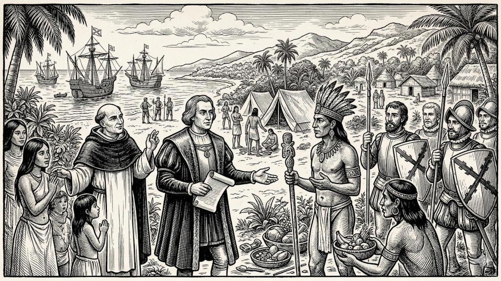 Ilustración de la llegada de Colón a las costas americanas.