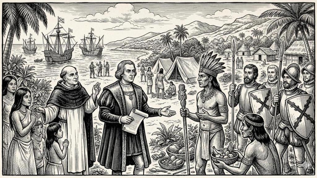 Ilustración de la llegada de Colón a las costas americanas.