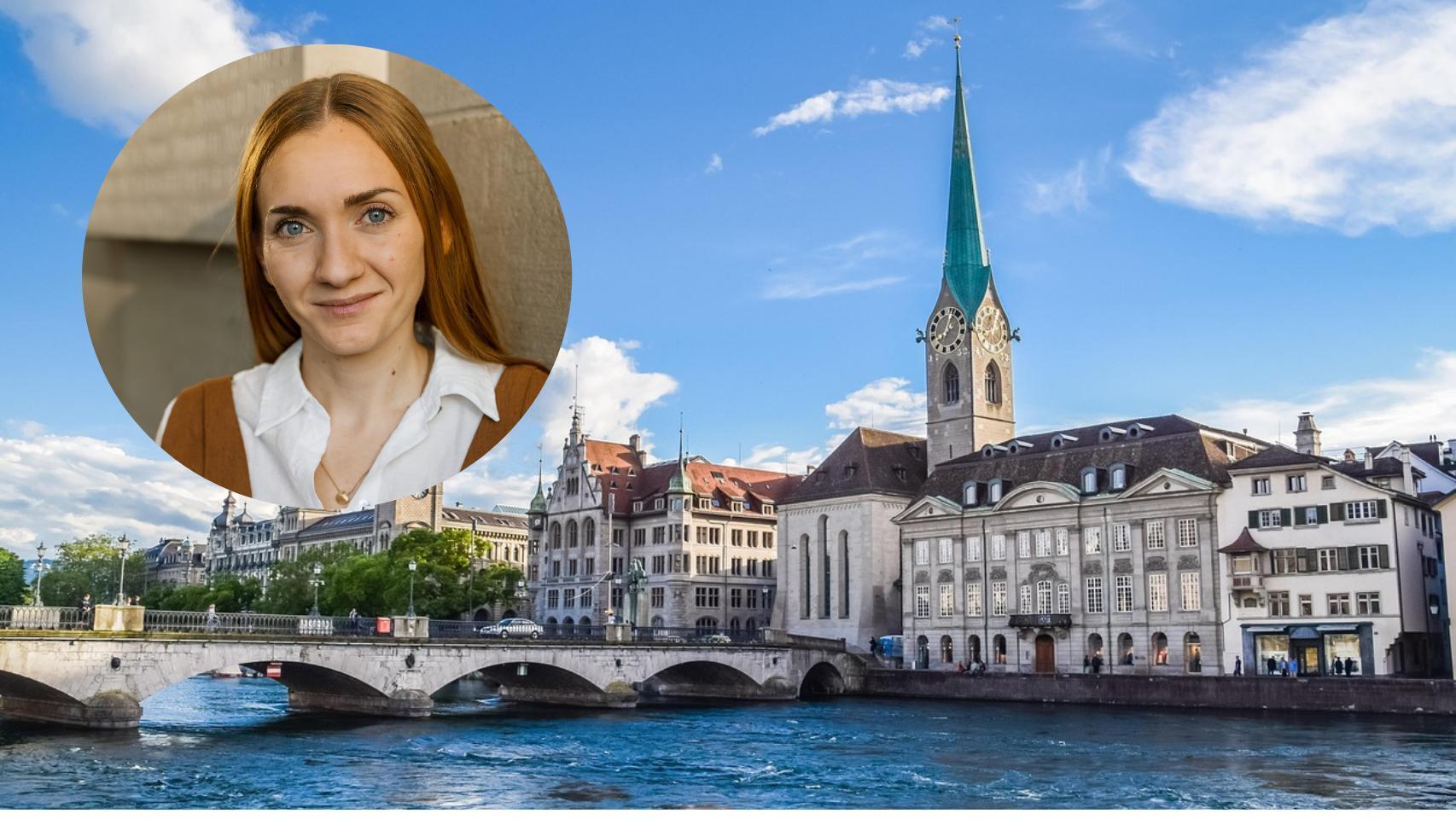 Montaje de Andrea García con una ciudad de Suiza.