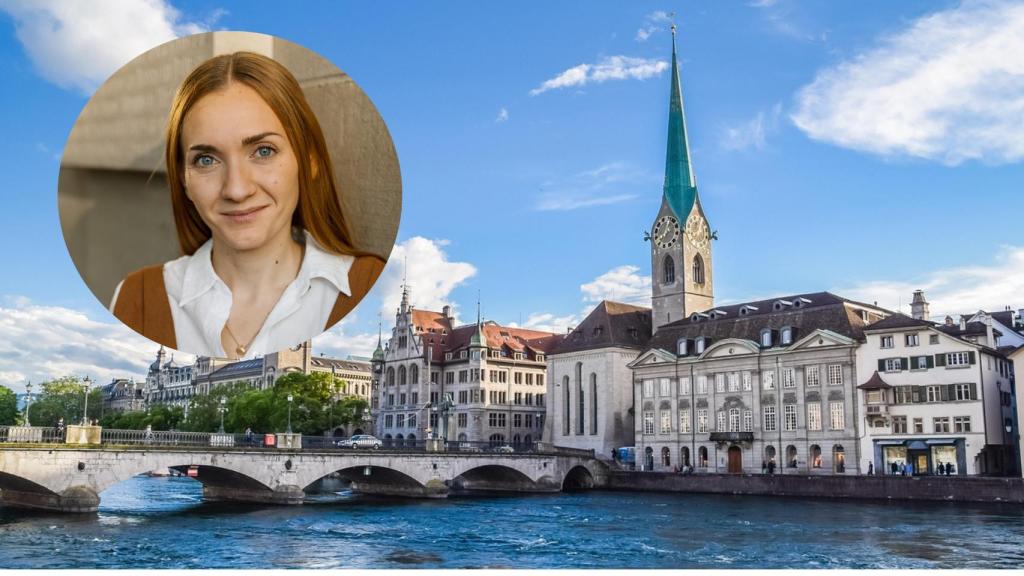 Montaje de Andrea García con una ciudad de Suiza.