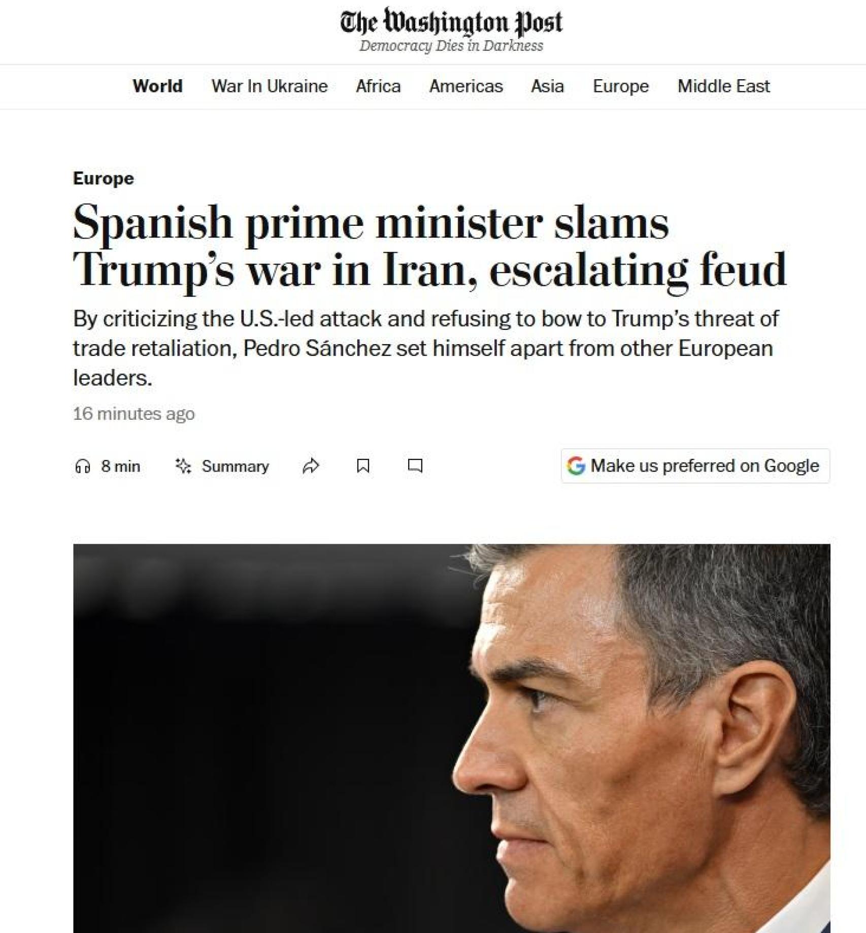 Artículo de Washington Post sobre Pedro Sánchez por su postura contraria a la guerra en Irán.
