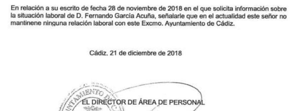 Respuesta del Área de Personal del Ayuntamiento a Comisiones Obreras, en la que indica la situación de García Acuña.