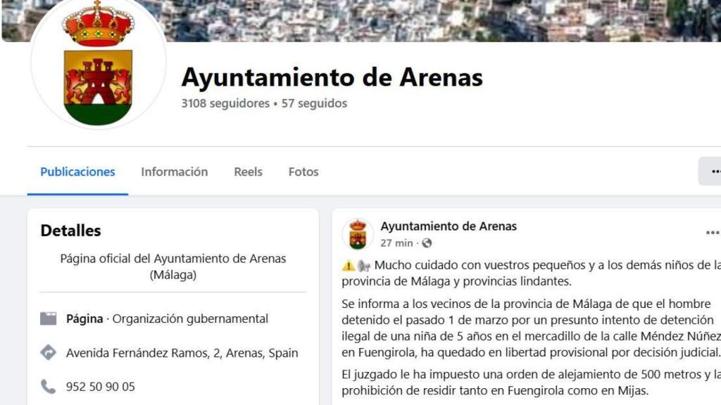 Parte del mensaje publicado por el Ayuntamiento de Arenas.