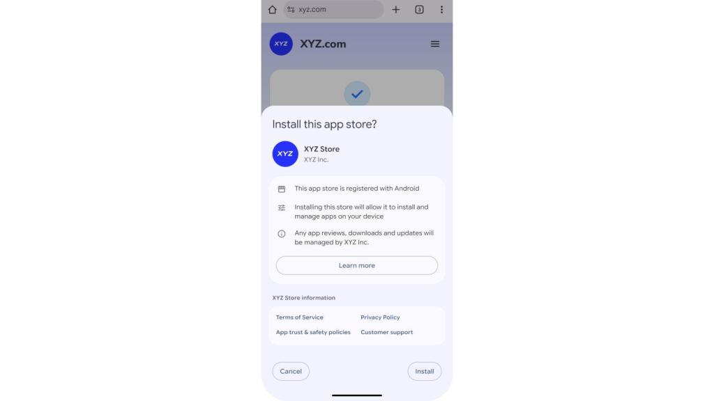 La pantalla que aparecerá al instalar una tienda de apps registrada en Android