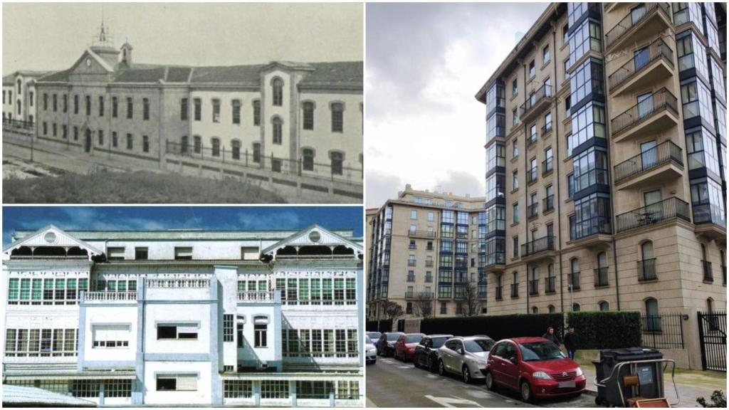 Galería y fachada del antiguo asilo de Adelaida Muro y bloque residencial actual en el mismo lugar.