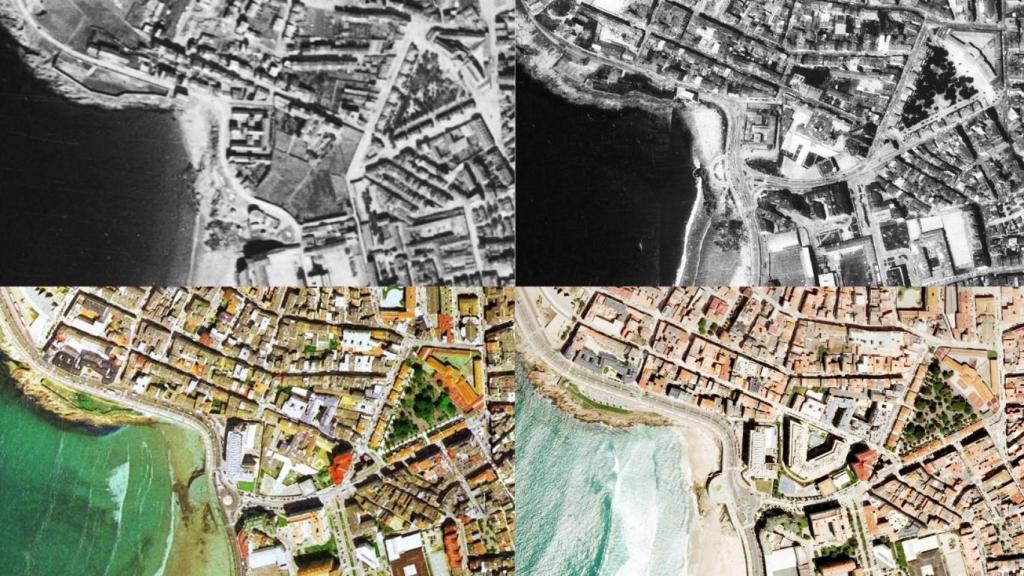 Imágenes aéreas con la evolución del entorno de la calle Adelaida Muro durante los años 1946, 1973, 2000 y 2006, con el asilo entre la rotonda del Paseo Marítimo y el Campo de Marte.