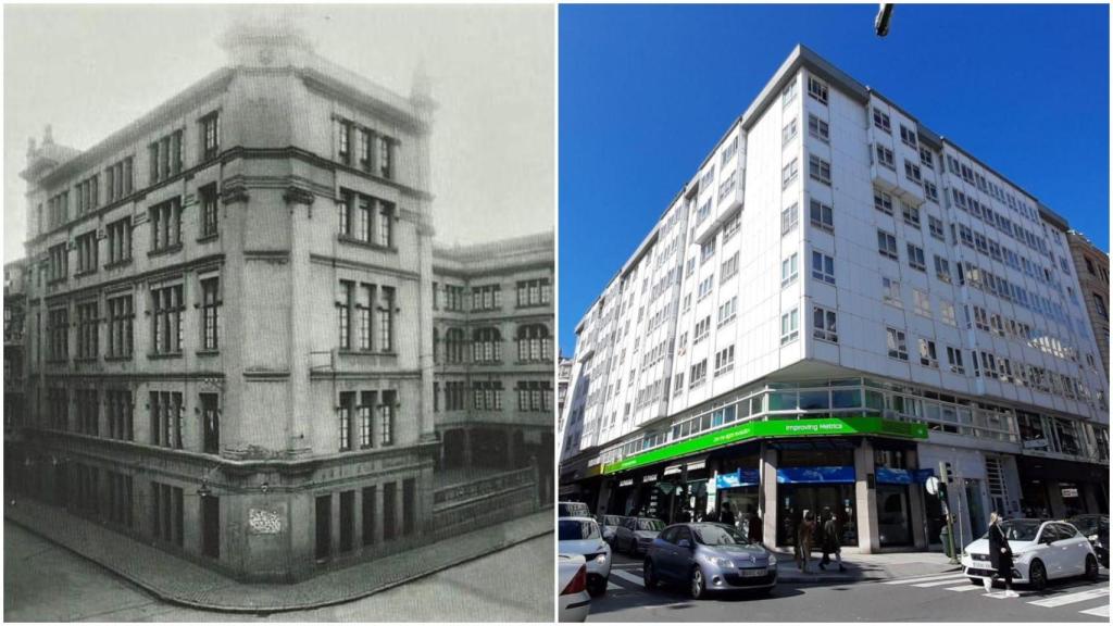 Antiguo colegio Marista cerca de la plaza de Lugo. A la derecha, el edificio de viviendas que se construyó en su lugar.