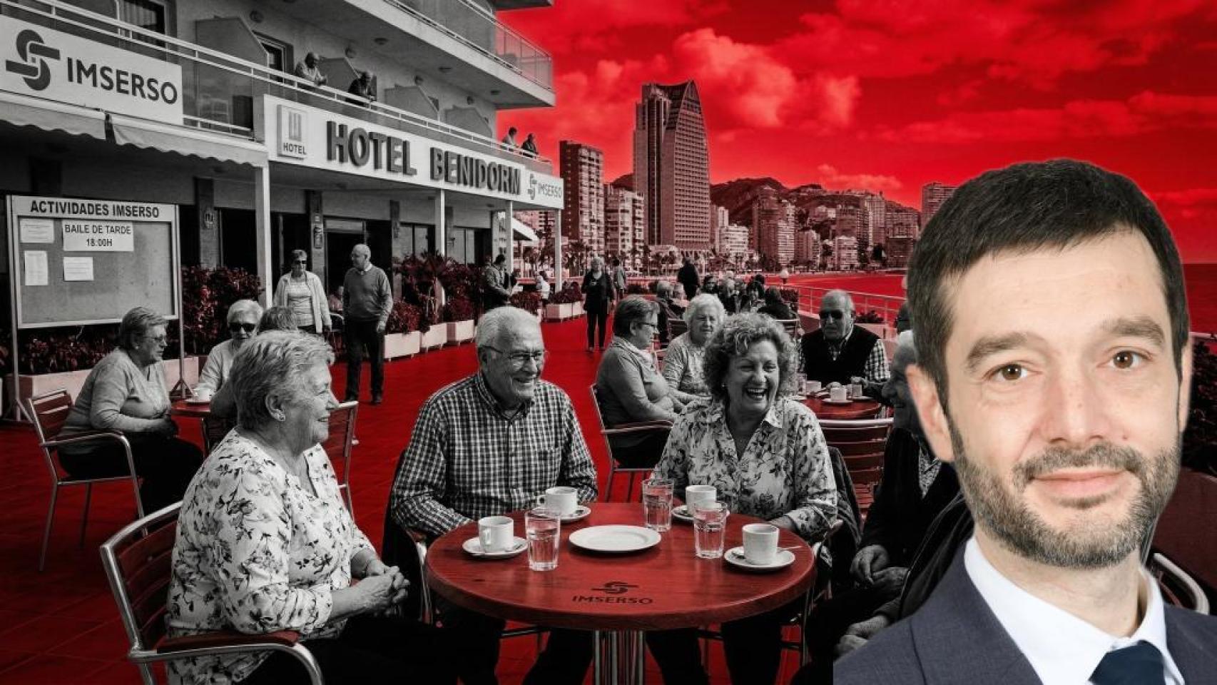 El ministro Pablo Bustinduy sobre una ilustración de jubilados en Benidorm.