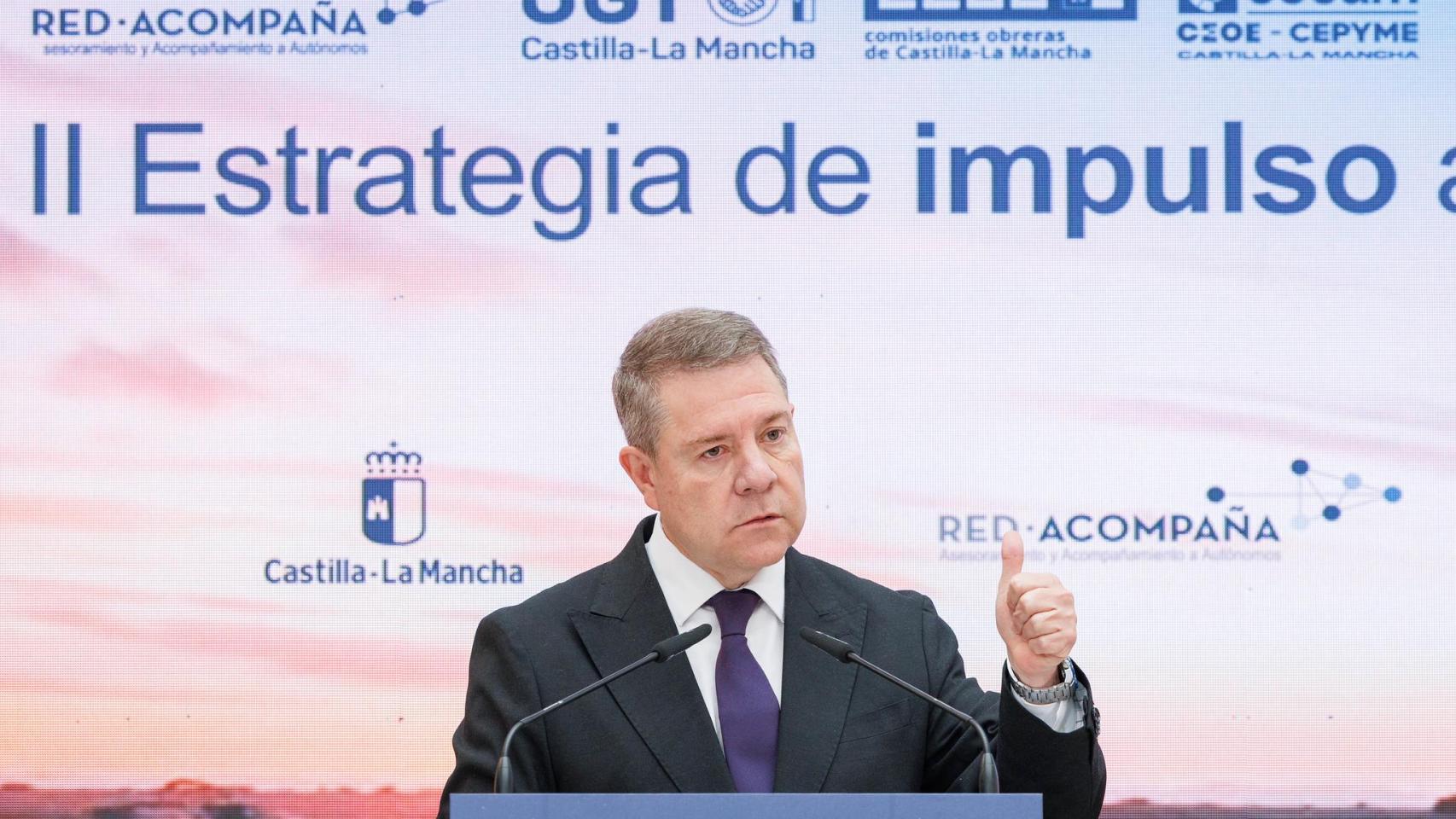 Emiliano García-Page este viernes en Tarazona de la Mancha (Albacete) durante la presentación de la II Estrategia de Impulso al Trabajo Autónomo 2026-2030.